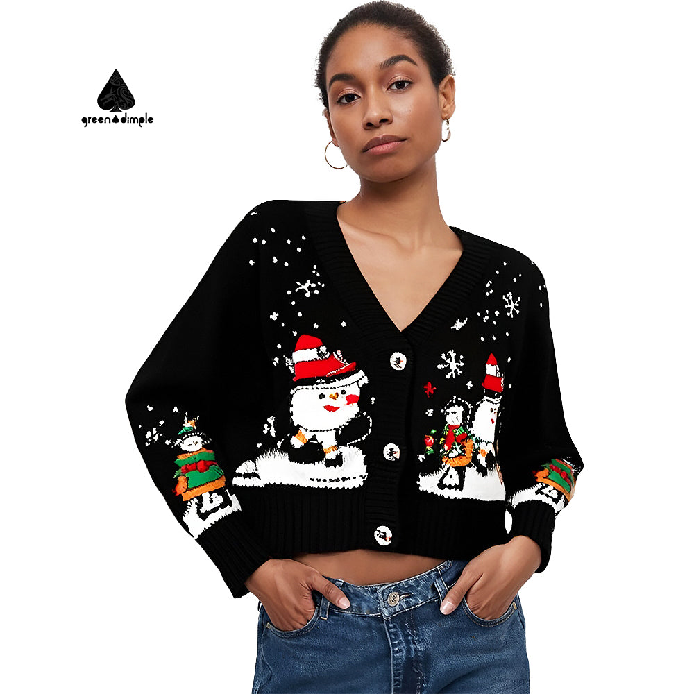 Christmas Oversized Jacquard Sweater Snowman Button Knitted Cardigan