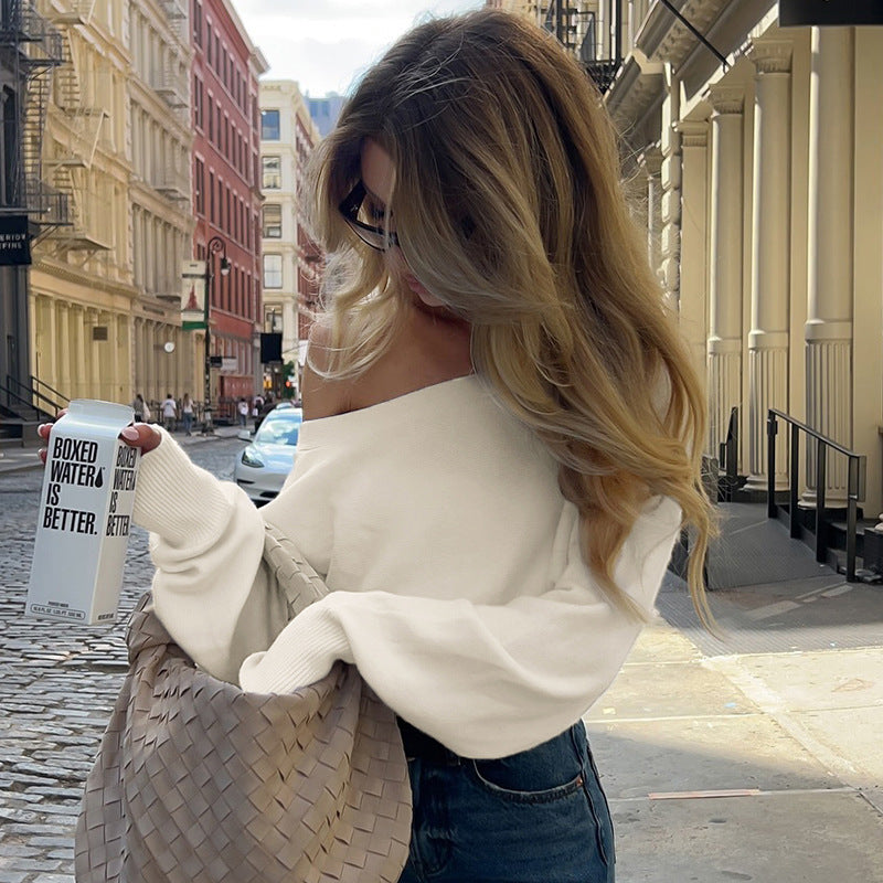 Custom Asymmetric Off Shoulder Pullover Knit Fleece Sweatshirt