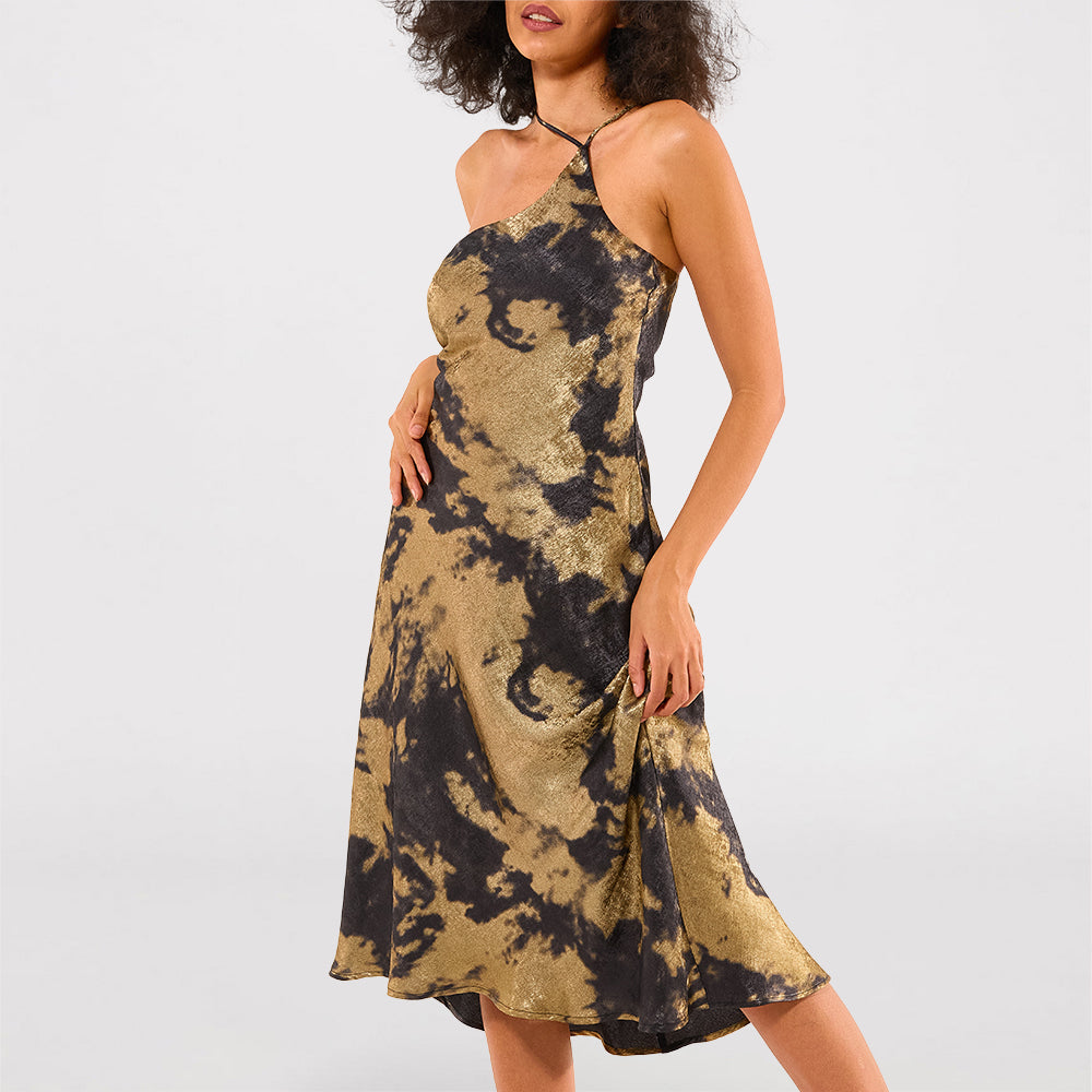 New fashion trendy design Tie-dye satin halter neck Midi Dress