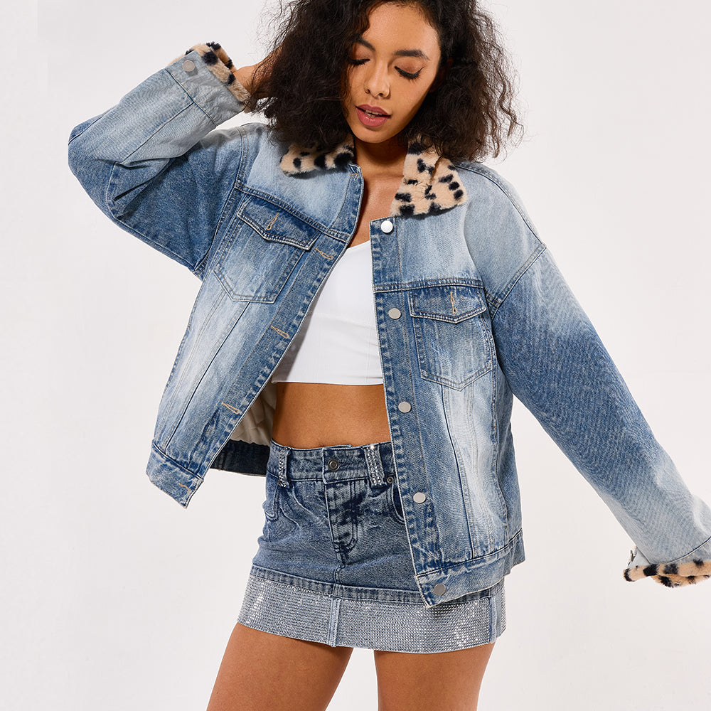 Original factory Women's leopard print fur collar front open denim slim fit top jacket coast