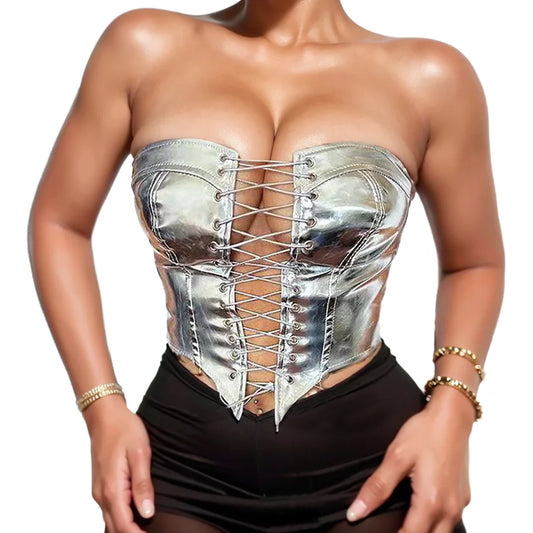 New Lace-up Tight PU Leather Sexy boob Tube Top For Ladies