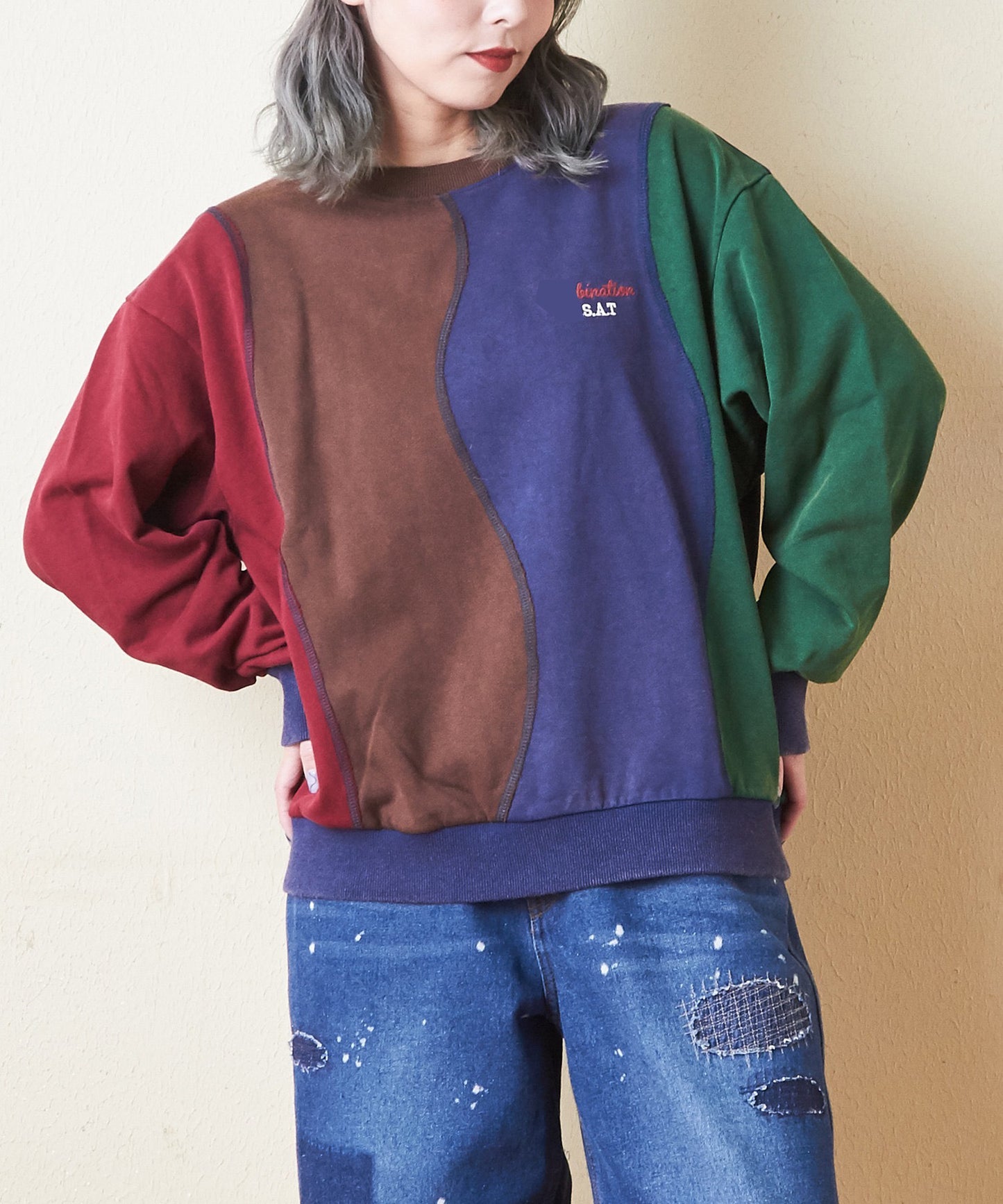 Women Crew Neck Color Block Patchwork Design Sweatshir