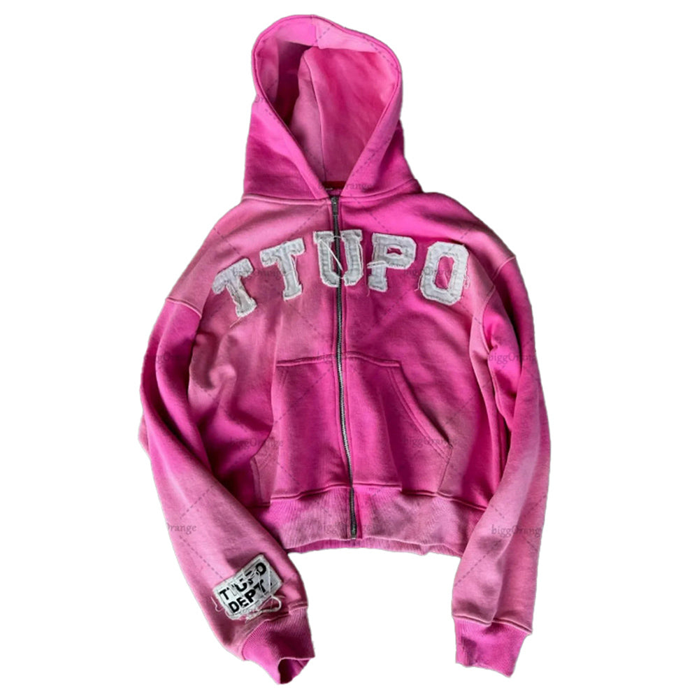High street Y2K trendy brand letter patch sticker casual hooded sweatshirt