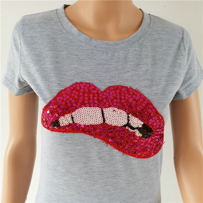 New Fashion Summer Women's Sequined Red Lip T-shirt