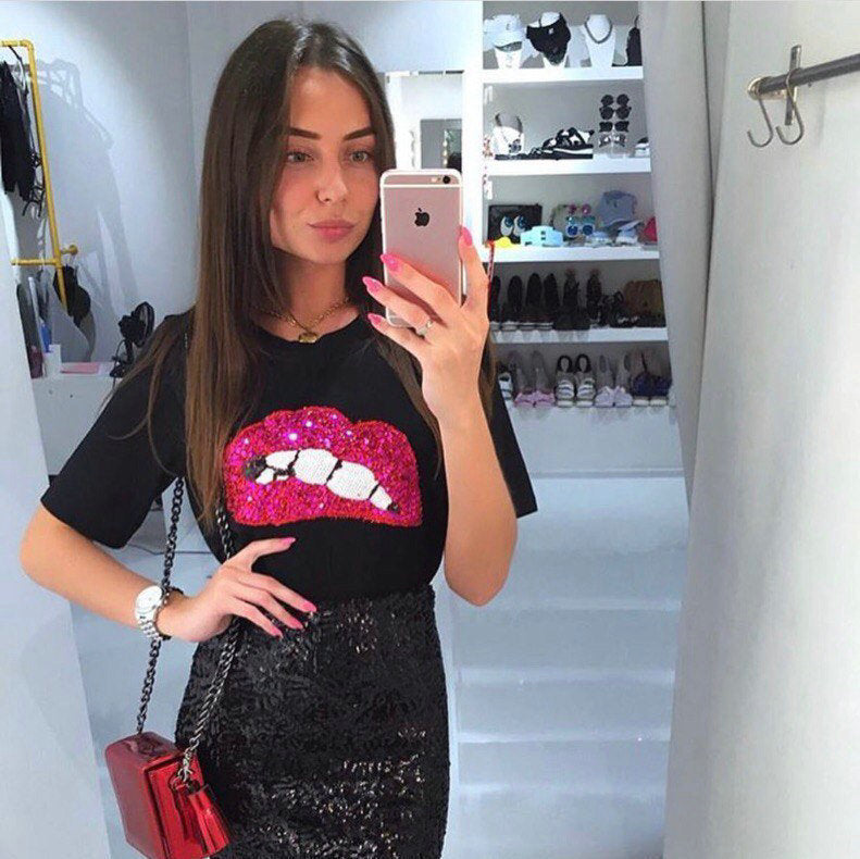 New Fashion Summer Women's Sequined Red Lip T-shirt