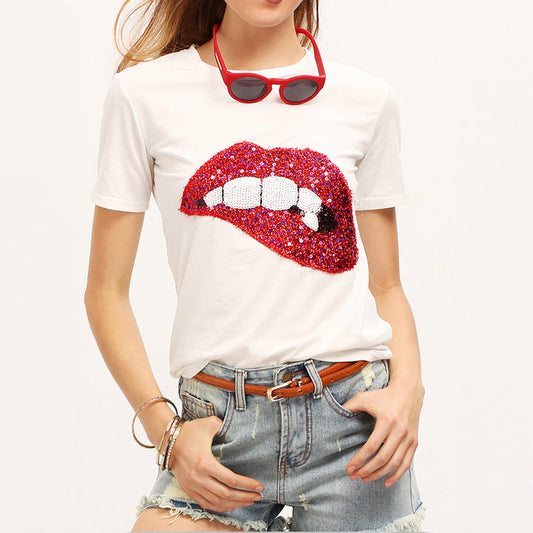 New Fashion Summer Women's Sequined Red Lip T-shirt