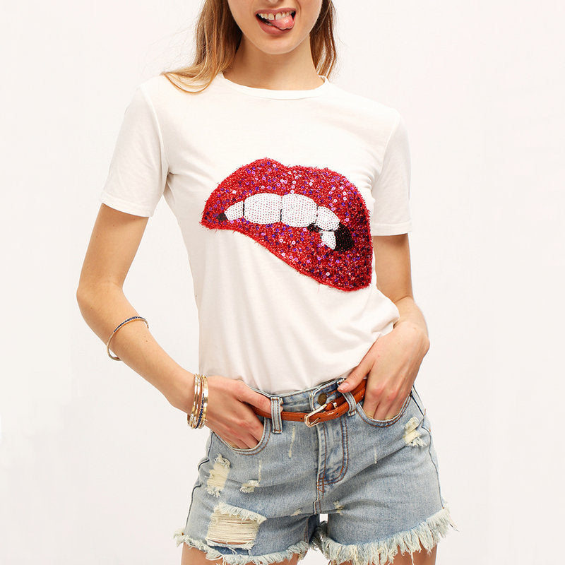 New Fashion Summer Women's Sequined Red Lip T-shirt