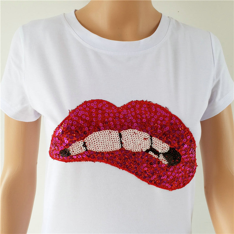 New Fashion Summer Women's Sequined Red Lip T-shirt