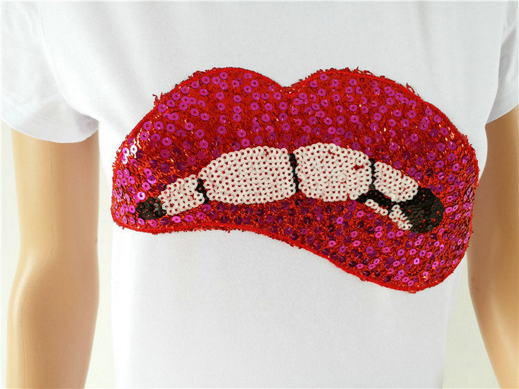 New Fashion Summer Women's Sequined Red Lip T-shirt