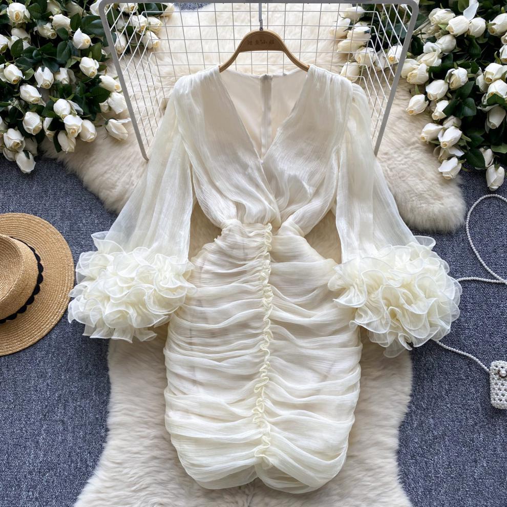 New Spring Pleated Irregular Ruffled V-Neck Dress Long Sleeve Dress