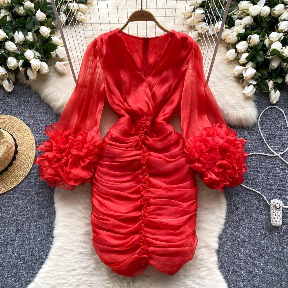 New Spring Pleated Irregular Ruffled V-Neck Dress Long Sleeve Dress