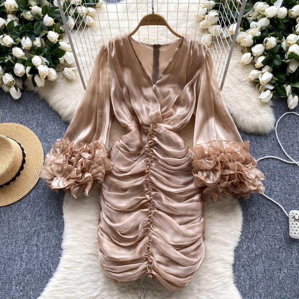 New Spring Pleated Irregular Ruffled V-Neck Dress Long Sleeve Dress