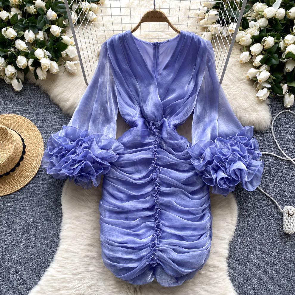 New Spring Pleated Irregular Ruffled V-Neck Dress Long Sleeve Dress