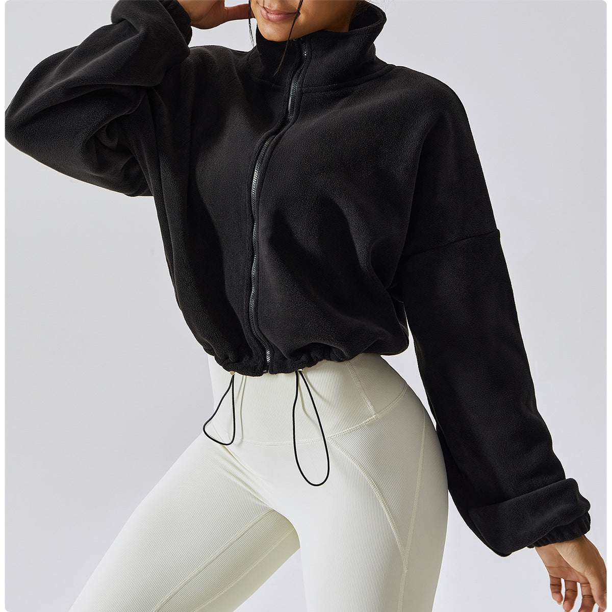 Women's Cropped Fleece Jacket Loose Fit Zip up Sports Sweatshirt for Yoga Gym Workout Casual Wear