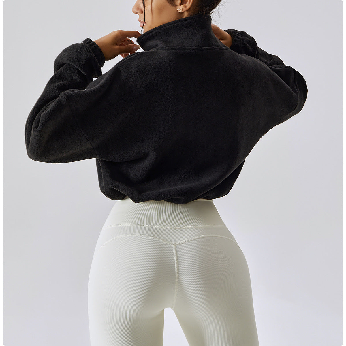 Women's Cropped Fleece Jacket Loose Fit Zip up Sports Sweatshirt for Yoga Gym Workout Casual Wear