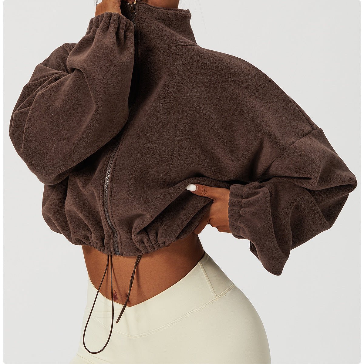 Women's Cropped Fleece Jacket Loose Fit Zip up Sports Sweatshirt for Yoga Gym Workout Casual Wear