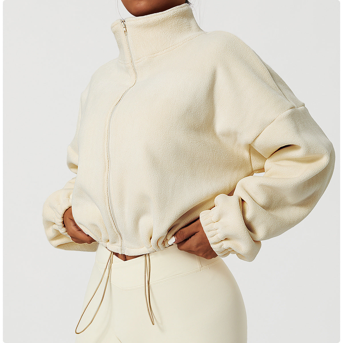Women's Cropped Fleece Jacket Loose Fit Zip up Sports Sweatshirt for Yoga Gym Workout Casual Wear