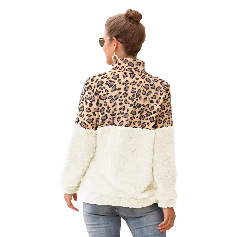 Leopard  Winter Ladies  Mock Neck Zipper Sweatshirt Women's Winter Fleece Jacket