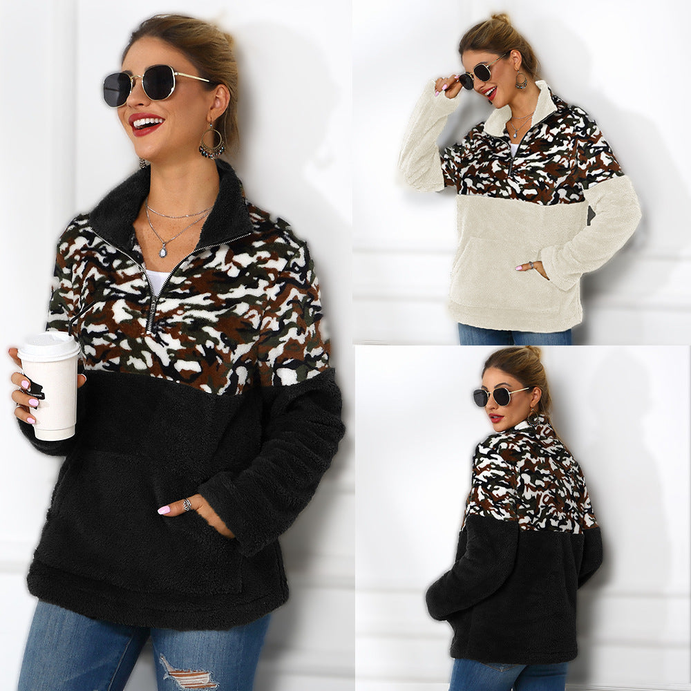 Leopard  Winter Ladies  Mock Neck Zipper Sweatshirt Women's Winter Fleece Jacket