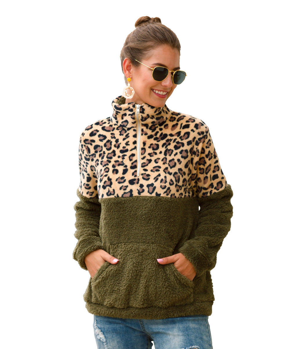 Leopard  Winter Ladies  Mock Neck Zipper Sweatshirt Women's Winter Fleece Jacket