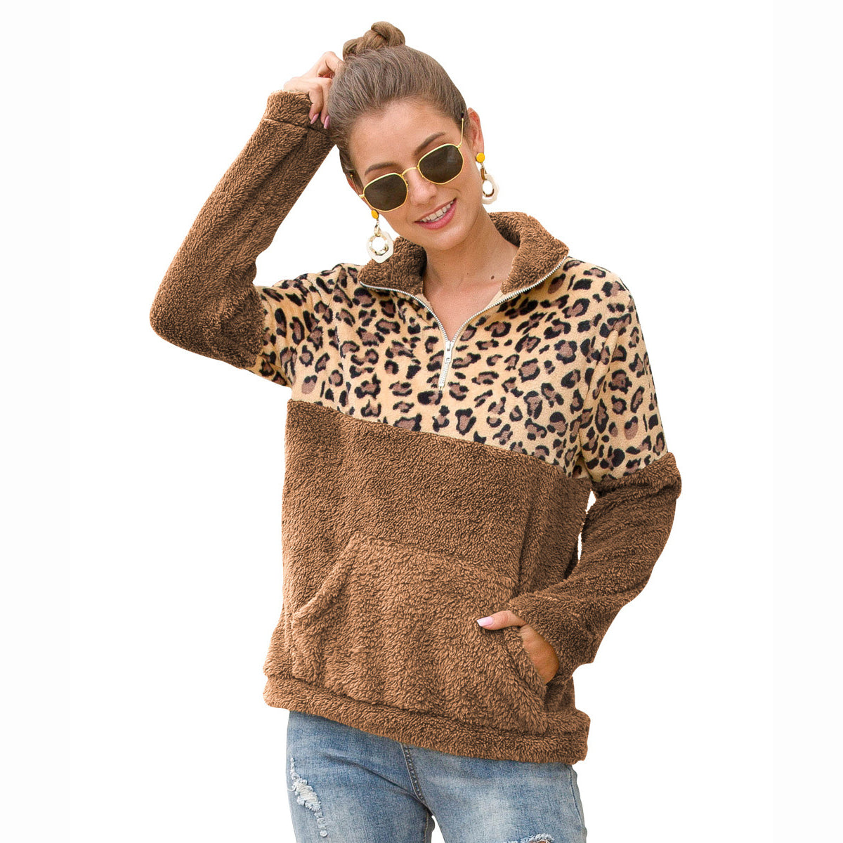 Leopard  Winter Ladies  Mock Neck Zipper Sweatshirt Women's Winter Fleece Jacket
