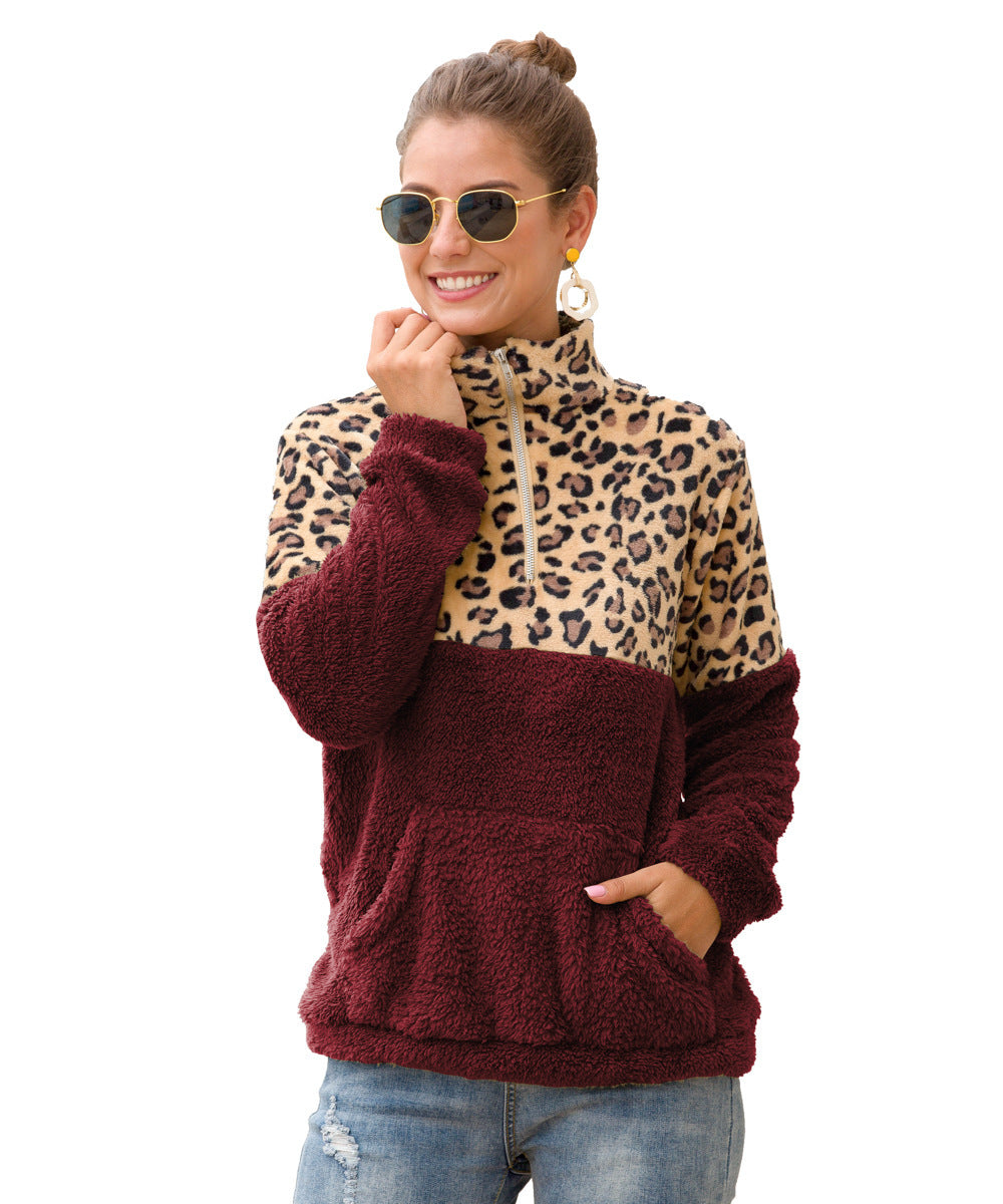 Leopard  Winter Ladies  Mock Neck Zipper Sweatshirt Women's Winter Fleece Jacket