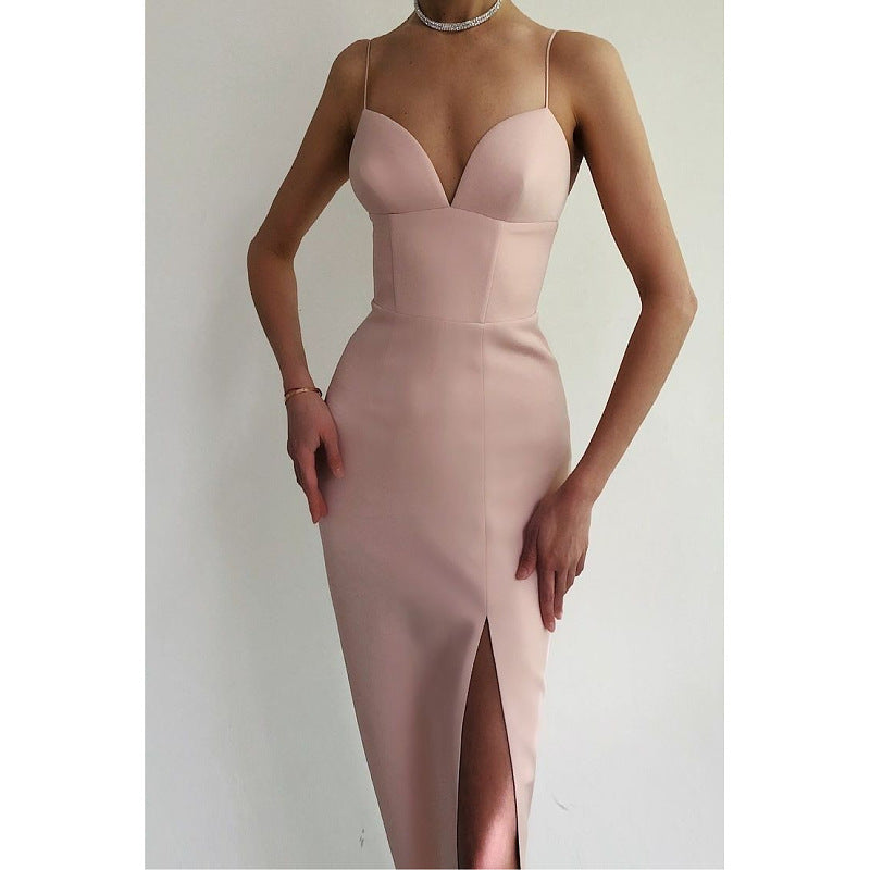 Women's Spaghetti Strap Deep V Neck Bodycon Slit Evening Party Dress