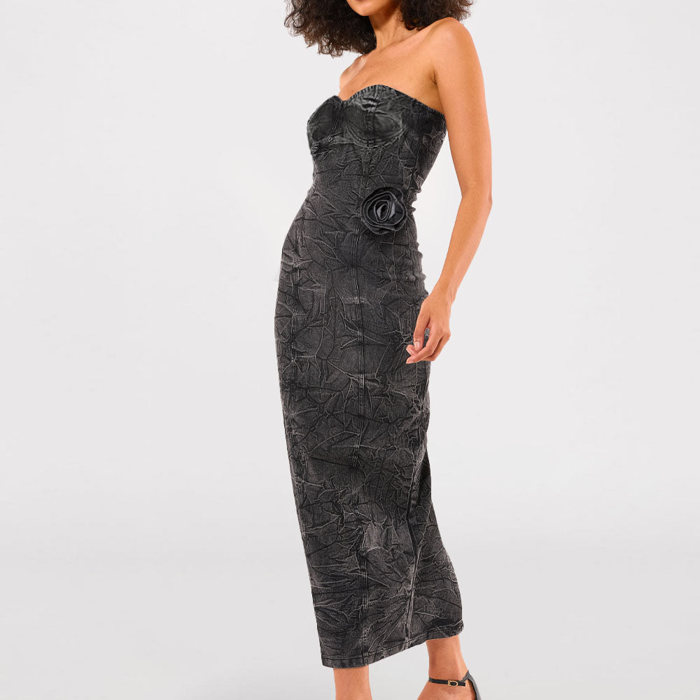 Black washed tie dye denim offshoulder bodycon denim fasion dress