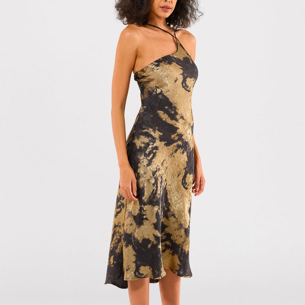 New fashion trendy design Tie-dye satin halter neck Midi Dress