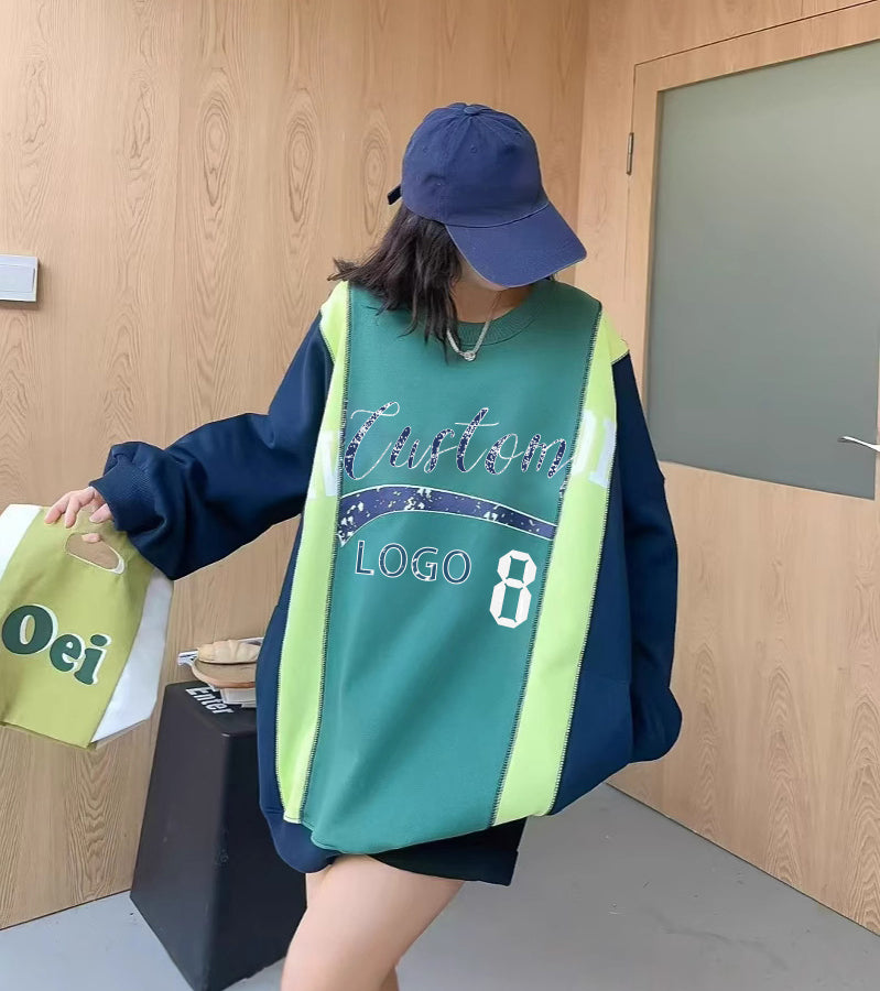 Women Color Block Patchwork Graphic Print Oversized Sweatshirt