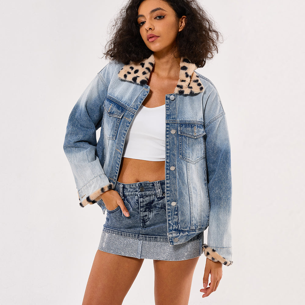Original factory Women's leopard print fur collar front open denim slim fit top jacket coast
