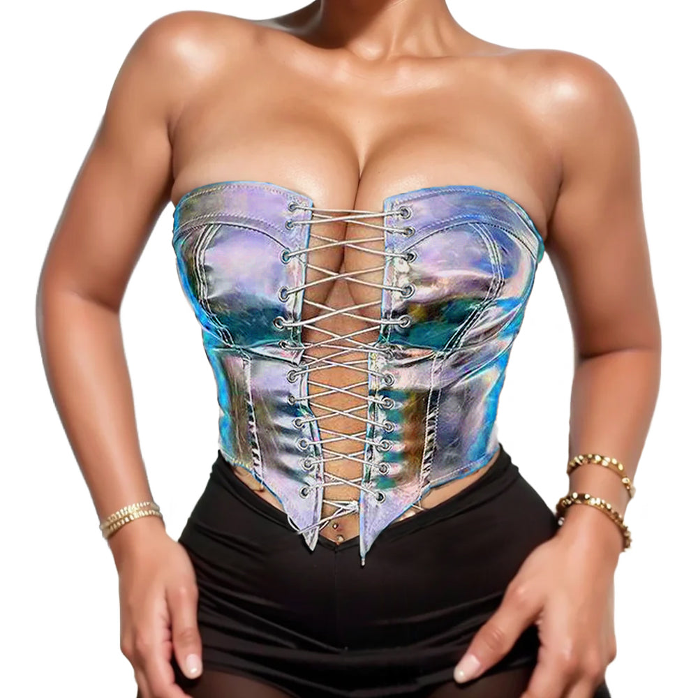 New Lace-up Tight PU Leather Sexy boob Tube Top For Ladies