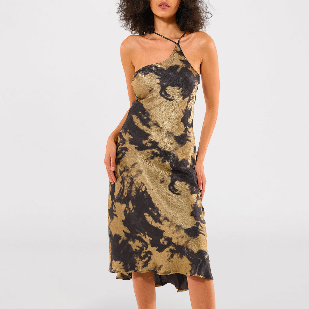 New fashion trendy design Tie-dye satin halter neck Midi Dress