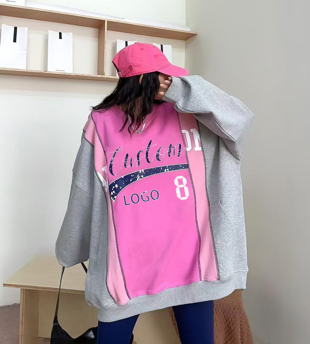 Women Color Block Patchwork Graphic Print Oversized Sweatshirt