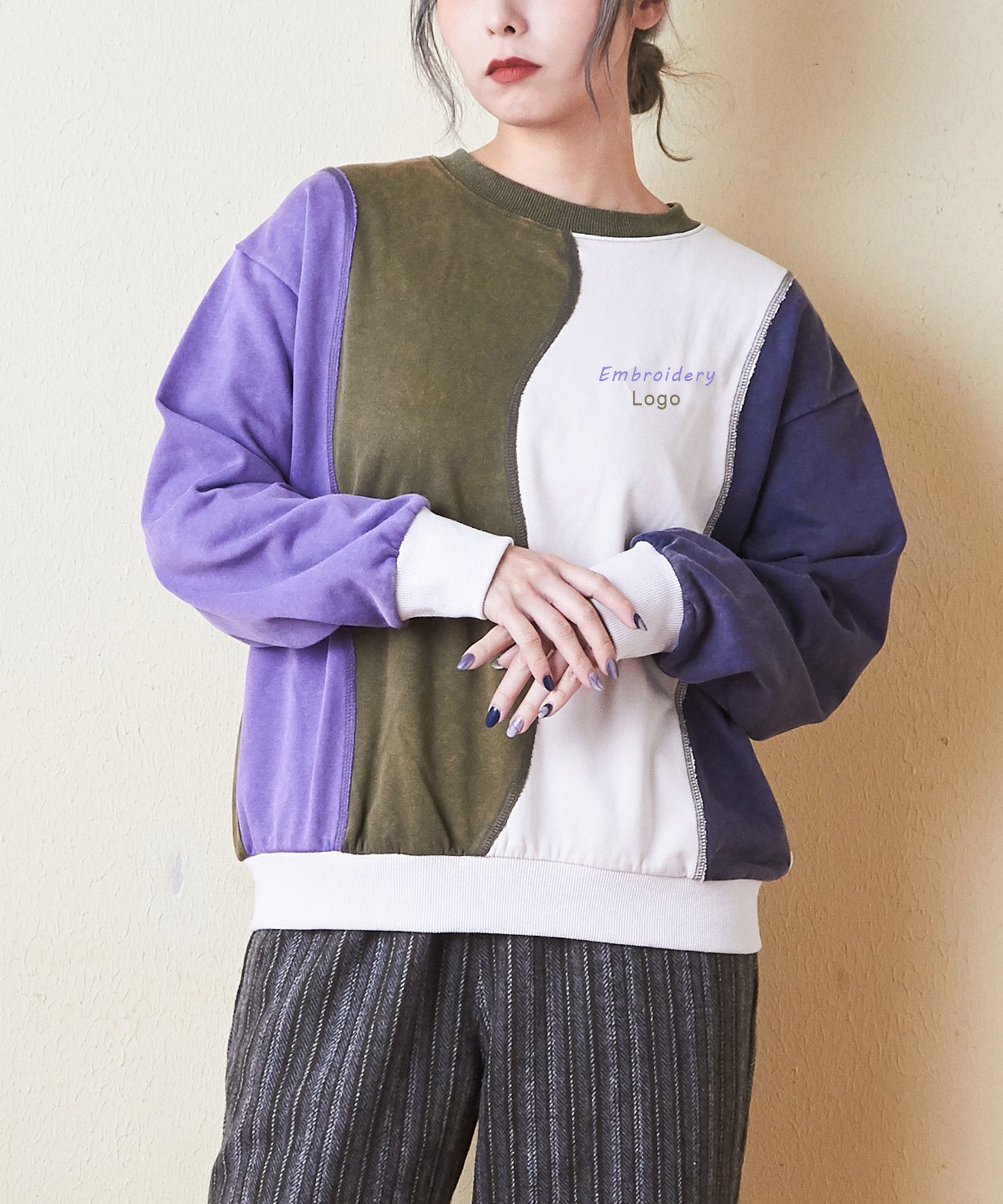 Women Crew Neck Color Block Patchwork Design Sweatshir