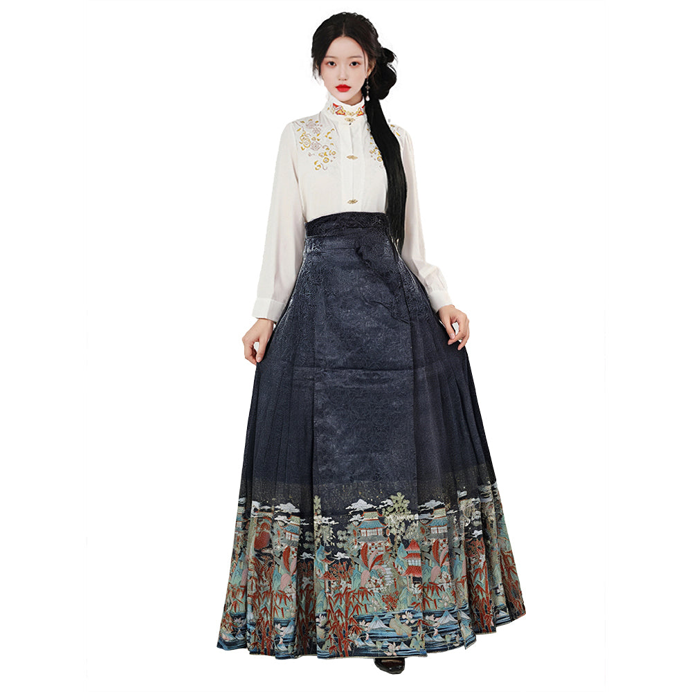 Chinese Traditional Pleats Hanfu Horse Face Skirt