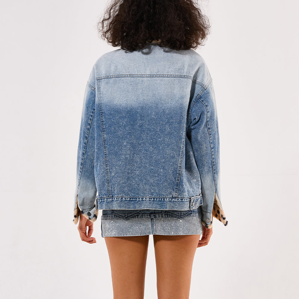 Original factory Women's leopard print fur collar front open denim slim fit top jacket coast