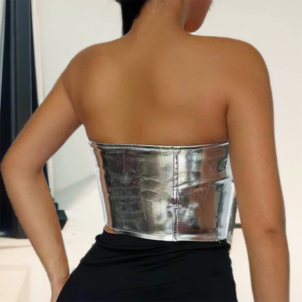 New Lace-up Tight PU Leather Sexy boob Tube Top For Ladies