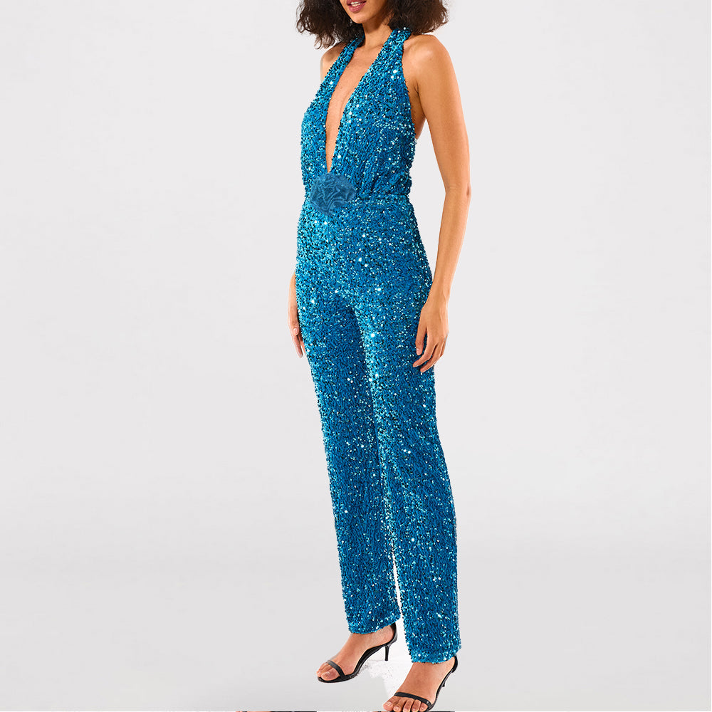 Sexy low cut v halter neck sequined blue evening party jumpsuit