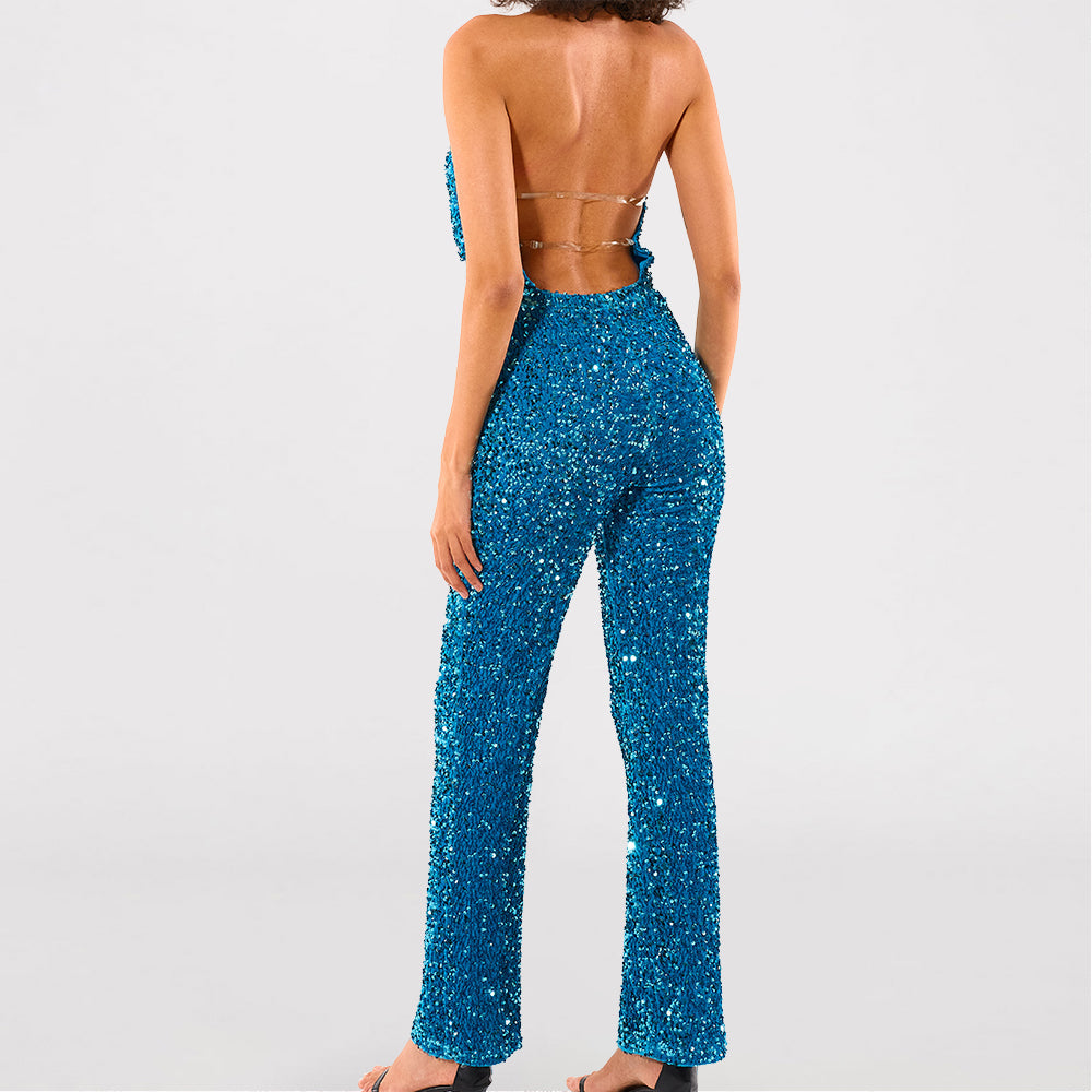 Sexy low cut v halter neck sequined blue evening party jumpsuit
