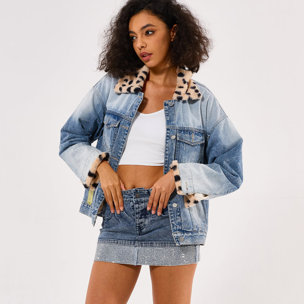 Original factory Women's leopard print fur collar front open denim slim fit top jacket coast