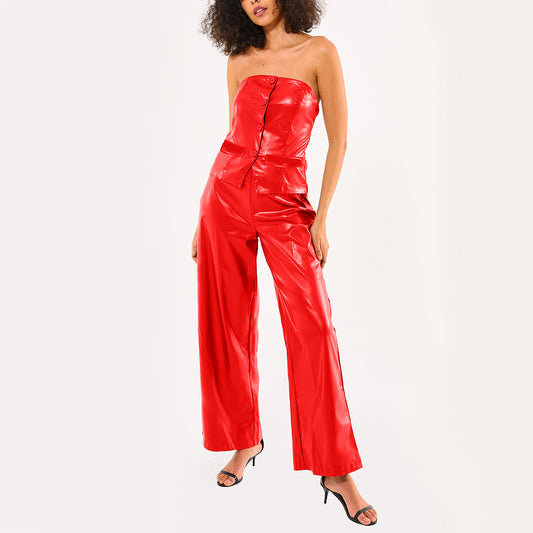 Original China factory Customize Fashion Casual PU leather tube Top And long Pants set