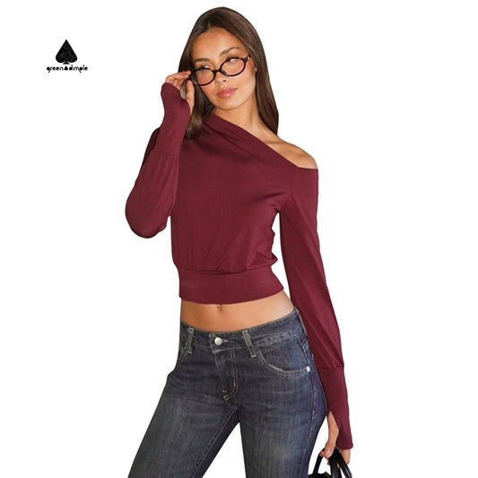 Women Asymmetric Shoulder Long Sleeve Slim Fit Pullover Shirt