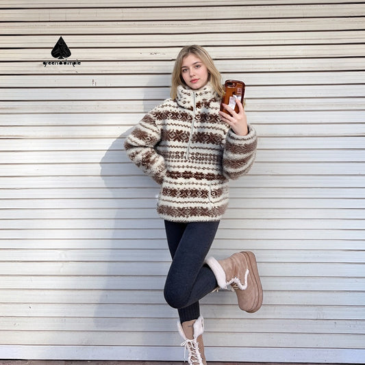 Winter Women Warm Half Zip Stand Collar Kangaroo Pocket Warm Fleece Sweater