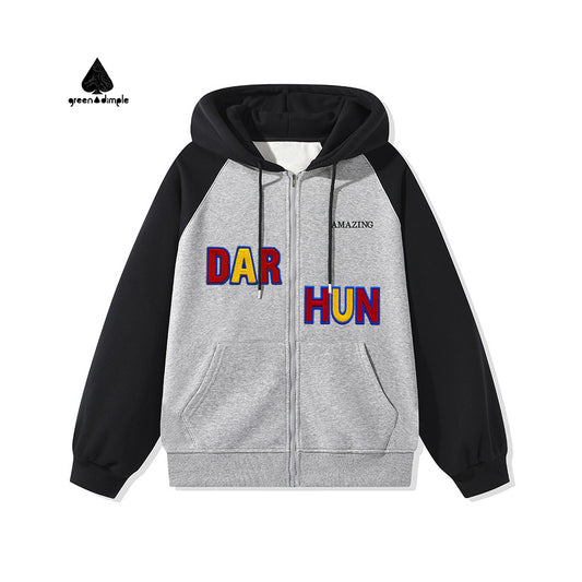 Cotton Fleece Couple Set Design Casual Letter Embroidered Zip Open Hoodie