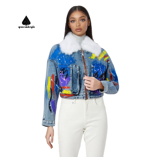 Warm Fluffy neck luxury Winter wind breaker denim Jacket For Women