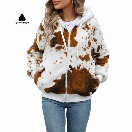 Fleece Velvet Women's Long-Sleeved Zipper Fashion Casual Plush Hooded Jacket