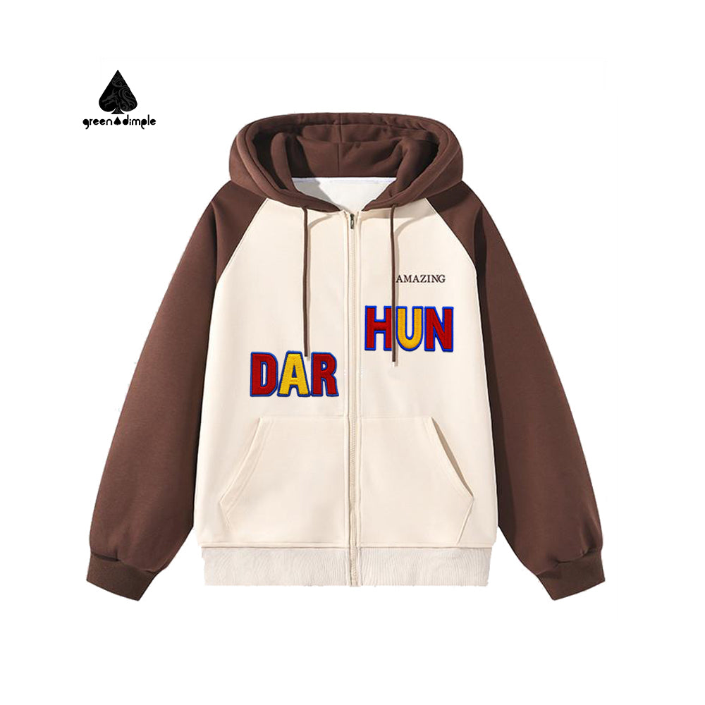 Cotton Fleece Couple Set Design Casual Letter Embroidered Zip Open Hoodie