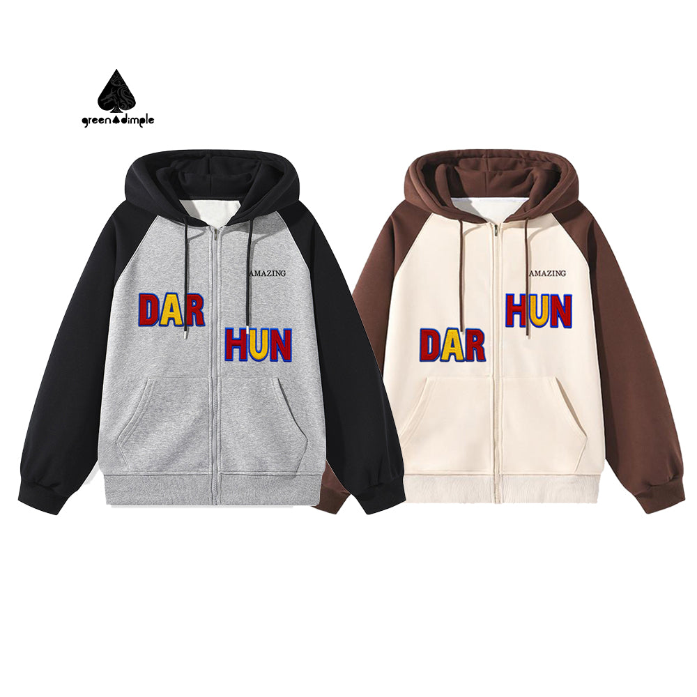 Cotton Fleece Couple Set Design Casual Letter Embroidered Zip Open Hoodie
