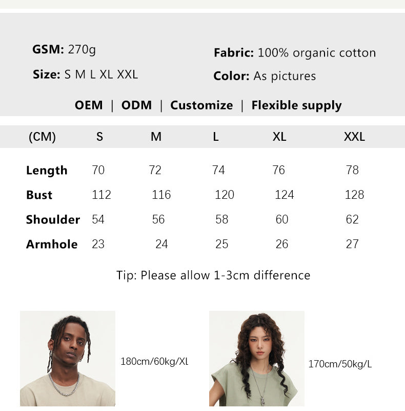 270g 100% Organic cotton Sleeveless plus size distressed T shirt
